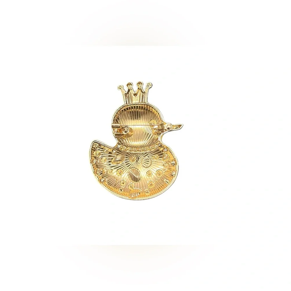Gold Toned Yellow Enamel Crown Duck Brooch with Rhinestones